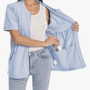Post mastectomy zip up shirt with four drain tube pockets, size XL, light blue